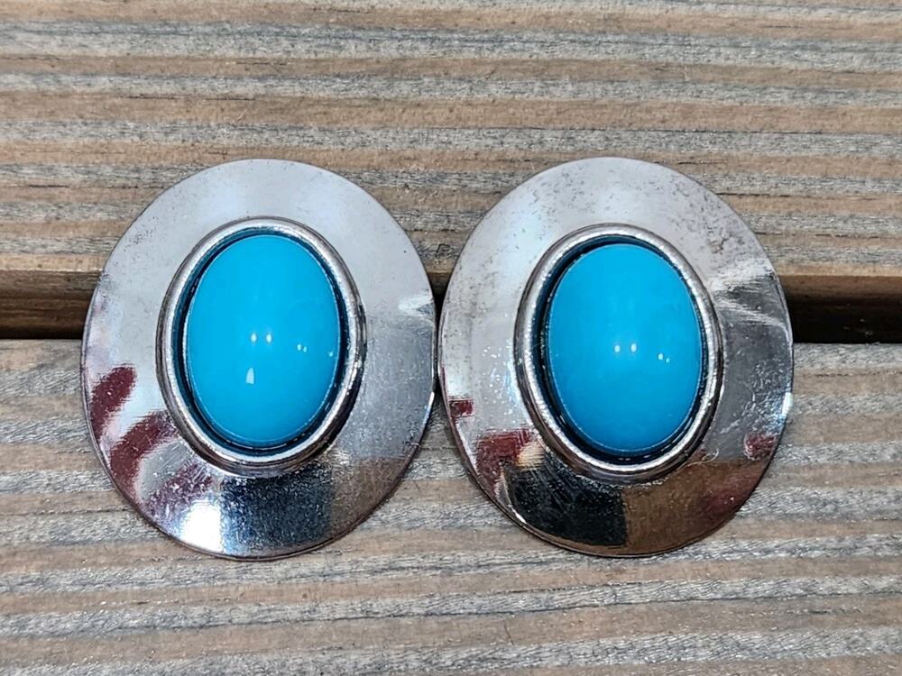Vintage Southwestern-style silver-tone earrings featuring bright blue Faux Stone